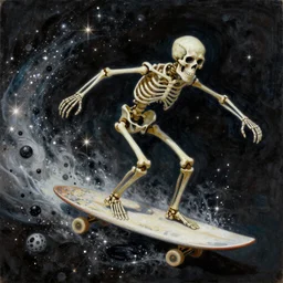 painting by zdzisław beksinski, skeleton riding an asteroid surfboard, stardust and sparks and glitter sparking in the air