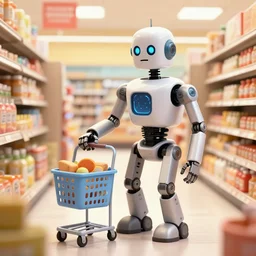 the terminator robot shopping in a small town grocery store, instagram
