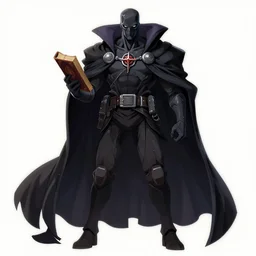 a cyberpunk giant, menacing, holding a spell book, wearing a cloak, full body view, front shot, anime art, highly detailed