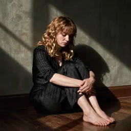 Jenna Fischer sitting on the floor, sad, by Edmund Blair Leighton