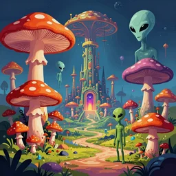 psychedelic mushrooms, enchanted alien world, aliens, bright colors, wide angle shot, vector art, illustration by frank frazetta and salvador dali