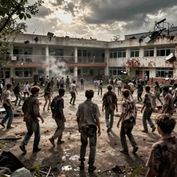 an apocalypse scenario confined with in a school, high detail, zombies, destruction, photorealistic