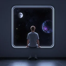 vaporwave, a guy sitting in a window looking out at space, back view, by artgerm, jamie hewlett, tom bagshaw, gerald brom, 4 k, smooth, hd, substance designer render, full body character concept art, 2 point studio lighting,