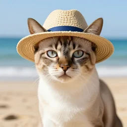 beautiful photo portrait egyptian cat wearing a beach hat at the beach, professional photo, detailed cat