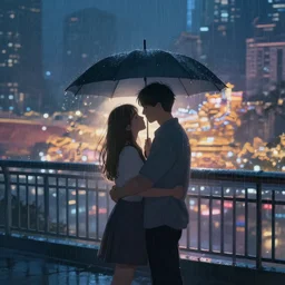 hugging the love of your life in the rain at night in a modern chinese city on a bridge, buildings in background, volumetric lighting, realistic illustration, perfectly shaded, soft painting, dreamlike, moody lighting, artstation, backlight, bokeh, silhouette