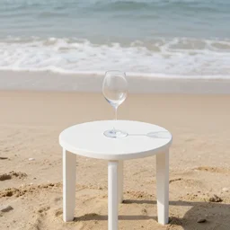 minimalist wine glass on a zen minimalist white table on the sandy beach with sea foam waves