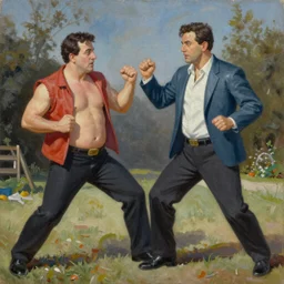 An oil painting of george costanza fighting the covenant