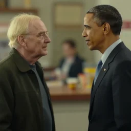 blurry film still of obama meeting gus fring at los pollos hermanos, breaking bad scene, octane render, 4k, photorealistic, detailed