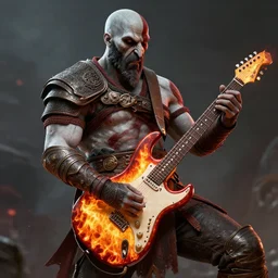 armored screaming kratos rocking out on a flaming stratocaster guitar, cinematic render, god of war 2 0 1 8, playstation studios official media, lightning, flames, left eye red stripe, red left eye stripe, left eye red stripe, red left eye stripe, clear, coherent