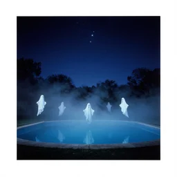 night sky with stars, halloween ghosts, vintage swimming pools, lush fog, deep blue mood, contemporary archival color photograph print from the original negative, by stanley kubrick