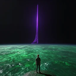 looking from space at green sea and dark purple illusion tower in the back, volumetric lighting, octane render, unreal engine, by greg rutkowski, by anton fadeev, by rhads, 4 k
