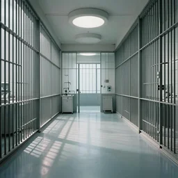 noisy color photograph of a retrofuturist liminal space, laboratory, prison, clean, shiny floor, minimalist, beautiful shadows