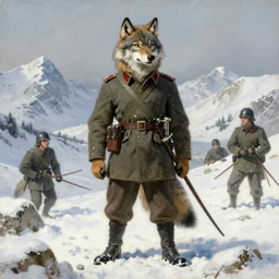 anthropomorphic furry wolf soldier in a snowy mountain range during world war 1, character design, painting by gaston bussiere, craig mullins, j. c. leyendecker, tom of finland