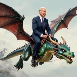 Joe Biden riding a dragon, detailed