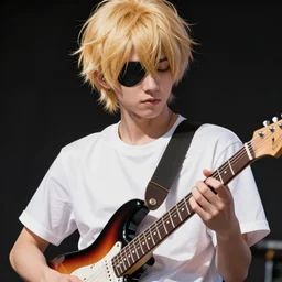 blonde wild hair anime boy with eye - patch playing fender stratocaster, close - up portrait, plain white tshirt, powerfull, intricate, elegant, volumetric lighting, scenery, digital painting, highly detailed, artstation, sharp focus, illustration, concept art, ruan jia, steve mccurry