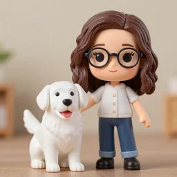 pop figure of mom with shoulder-long, brown, slightly curly hair and glasses and a white golden retriever next to her
