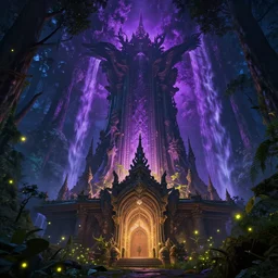 a giant forest temple at night, purple light, lush forest, waterfalls, fireflies, ornate architecture, vibrant colors, atmosphere, spectacular details, dramatic lighting, epic composition, wide angle, low angle, close up, breath of the wild, 3 d render