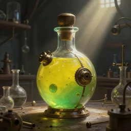 a steampunk painting of a vintage bright yellow green steampunk poison potion bottle, lit by a single ray of sunlight in a dark dusty vintage science lab, by h. r. giger, hyperrealistic fantasy art, concept matte, ethereal, dreamy, digital art, trending on artstation, volumetric cinematic lighting