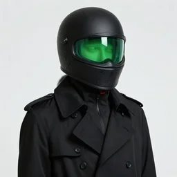 jin roh with black padded helmet, green glowing lens, black trenchcoat, black office shirt, dark green tie, and a wooden sniper rifle, by yoji shinkawa