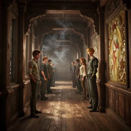 highly detailed old wood corridor, swirls of smoke in the background, stephen bliss, unreal engine, fantasy art by greg rutkowski, loish, rhads, ferdinand knab, makoto shinkai and lois van baarle, ilya kuvshinov, rossdraws, tom bagshaw, alphonse mucha, global illumination, radiant light, detailed and intricate environment