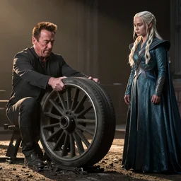 still of arnold schwarzenegger breaking a wheel, as daenerys targaryen in game of thrones