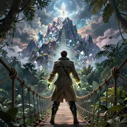 comic book art of a [ man ] in trenchcoat with ( glowing ) [ gloves ] and [ boots ] crossing a [ old ] ( rope ) bridge in a [ jungle ] looking up at a [ mountain ] made of crystalized rock, a [ glowing tower ] extends into the sky, low angle, artstation illustration, elegant, arcane by tim doyle