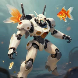 a goldfish piloting a mech suit art by livia prima