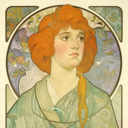 an alphonse mucha style portrait but a real photo with a real person and real metal ornaments and real floral elements, realist art, photo art, magazine cover