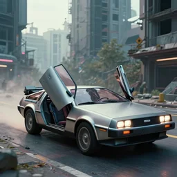hardmesh retro futurist post - delorean doors is open, with a sleek spoiler, driving down the streets of a cyberpunk abandoned city, by kim jung gi, zabrocki, karlkka, jayison devadas