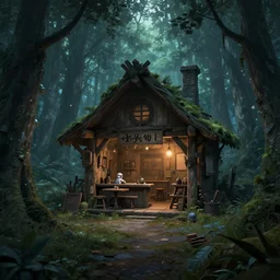 A quiet tavern in the middle of a forgotten magical forest, rendered by simon stålenhag, rendered by Beeple, Makoto Shinkai, syd meade, environment concept, digital art, starwars, Gundam Style, unreal engine, 3 point perspective, WLOP, trending on artstation, low level, 4K UHD image, octane render,