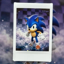 close up polaroid instax portrait of sonic hedgehog, matte painting landscape of a surreal sharp foggy detailed professional soft pastels high quality airbrush art album cover of a liquid dissolving airbrush art lsd dmt sonic the hedgehog swimming through cyberspace purple checkerboard background 1 9 9 0 s 1 9 9 2 sega genesis rareware video game album cover