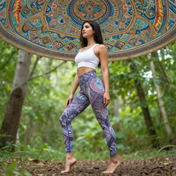 a beautiful woman standing in the forest, wearing yoga pants patterned in the style of colorful muqarnas ceiling
