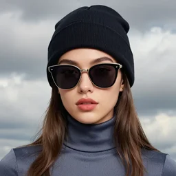 glamor portrait, young female model, electric sunglasses, beanie, turtleneck, cloudy background, intricate detailed realistic by mandy jurgens alex ross donato giancola z. w. gu, bold colors, artstation
