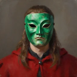 portrait of man, emerald mask, red mantle, oil texture, dnd artstyle, john howe, greg rutkowski