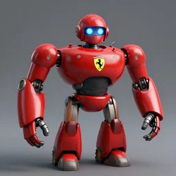 a red robot with big tires on it's shoulders, Ferrari logo on it's chest, a round motorcycle helmet on it's head | unreal engine | hd | 3D model