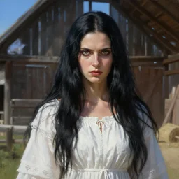 Hyper realistic detailed painting of a Paludnitsa! in a barn at noon. Perfect face, beautiful, white dress, menacing, melancholic, long black hair, blue sky, highly detailed, sharp focus, digital painting, art by Eddie Mendoza, detailed and intricate environment, highly detailed, award winning.