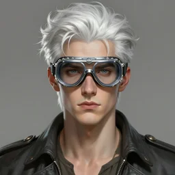 a ruggedly handsome young man with white hair and safety goggles, intricate, elegant, highly detailed, centered, digital painting, artstation, concept art, smooth, sharp focus, illustration, art by todd lockwood and donato giancola and Joseph Christian Leyendecker