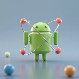 an android playing with an atom