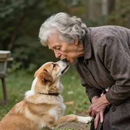 a surreal absurdist image of an old woman swallowing a dog