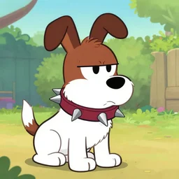 color cartoon illustration of a mean dog with a big spiked collar, in his backyard. in the style of looney tunes.