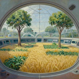 a cinematic view of the inside of a domed orbital space habitat, indoor farming landscape with trees and fields of wheat, retrofuturism, scifi art, oil on canvas, biodome