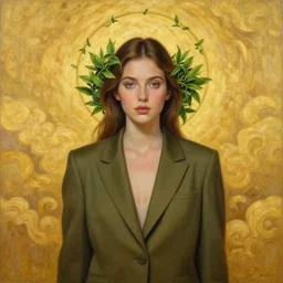 epic painting portrait photography beautiful goddess wearing olive blazer with golden glow background, drawing, intricate, green tea leaves circle halo above head, symmetrical front, by amy leibowitz, wlop, jeremy lipkin, beeple, intricate, artgerm, ilya kuvshinov, golden clouds background, centered