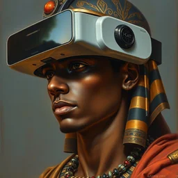 detailed potrait of brown skin egyptian prince with vr headset, painting by james jean, craig mullins, j. c. leyendecker, lights, art by ernst haeckel,