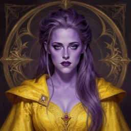 head-on centered symmetrical painted portrait, Purple-skinned Kristen Stewart as a D&D wizard, intricate yellow fantasy robes, fantasy, intricate, elegant, highly detailed, digital painting, smooth, sharp focus, illustration, dramatic lighting, artstation, in the style of Artgerm and Anna Podedworna and Alex Ross