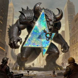 anthropomorphic d 2 0 triangle head in opal darkiron giant danny devito kaiju stomping new york, intricate, elegant, highly detailed, wide angle, digital painting, artstation, concept art, sharp focus, illustration, art by artgerm, bob eggleton, michael whelan, stephen hickman, richard corben, wayne barlowe, greg rutkowski, alphonse mucha, 8 k