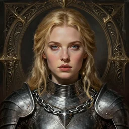 head-on centered symmetrical painted portrait, Elisha Cuthbert as a paladin, blonde hair, iron chainmail armour, dramatic lighting, intricate, fantasy, intricate, elegant, highly detailed, digital painting, smooth, sharp focus, illustration, dramatic lighting, artstation, in the style of Artgerm and Anna Podedworna