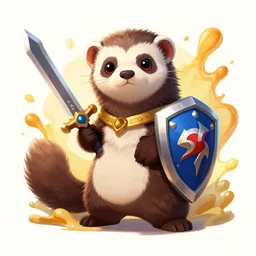 a cute ferret boy furry with a sword and shield. league of legends splash art