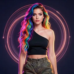 a award winning portrait of the musician bjork, beautiful woman with stunning eyes in a one off shoulder croptop and cargo pants with rainbow colored hair, outlined by whirling illuminated neon lines and fine lines swirling in circles by ilya kuvshinov, digital art, trending on artstation