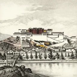panorama of crooked ancient city, by aubrey beardsley, by caspar david friedrich, by albrecht durer, by victto ngai, ink, calligraphy, valley, hills, waterfall, river, palace with white walls on top of the hill