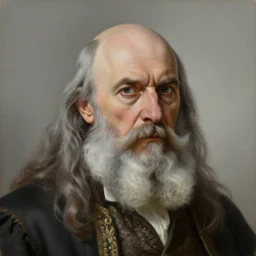 portrait painting of an arrogant balding beardless old man with long grey hair wearing worn noble garments, sharp focus, award - winning, trending on artstation, masterpiece, highly detailed, intricate. art by rebecca guay
